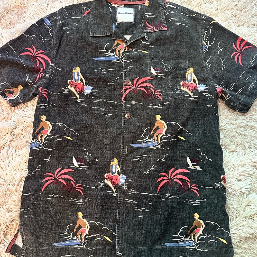 Tommy Bahama Gray Silk Shirt with Tropical Print